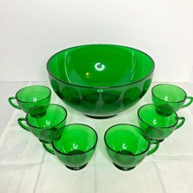 Vintage Anchor Hocking Anchorglass Forest Green Punch Bowl and 6 Cup Set... - $77.96