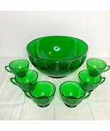 Vintage Anchor Hocking Anchorglass Forest Green Punch Bowl and 6 Cup Set... - $77.96