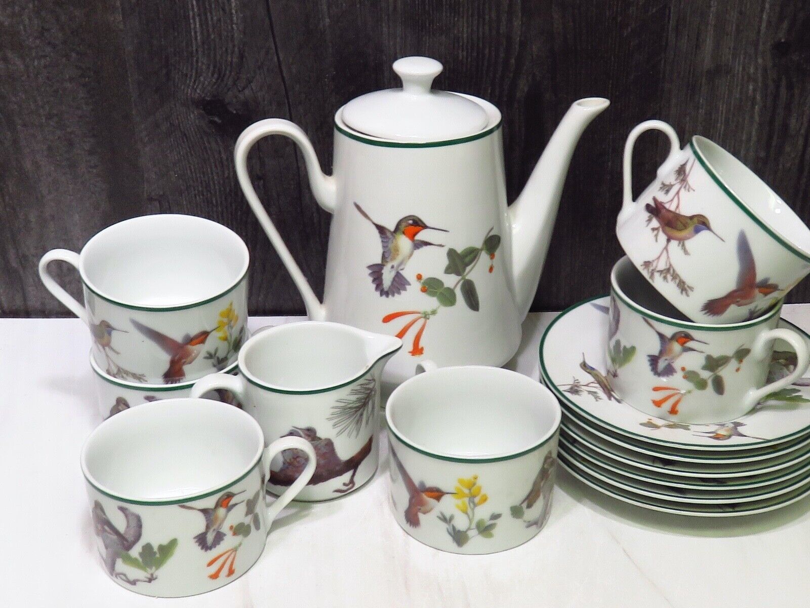 Spring Flowers with Hummingbird Fine Porcelain Latte Cups Tea Set