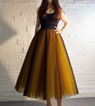 Women A Line Midi Tulle Skirt Outfit Black Yellow High Waist Full Pleated Outfit