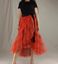 Women High Waist Wrap Tulle Skirt Outfit Orange Plaid Midi Tulle Skirt Plus