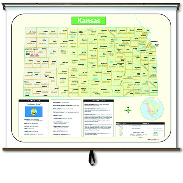 Kansas Large Scale Shaded Relief Wall Map On Roller With Backboard