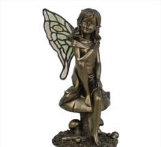 Fairy Figurine Sitting Mushroom Bronzed Color 11" High Poly Stone Freestanding - $42.56