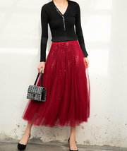 Wine Red Long Tulle Sequin Skirt High Waisted Red Christmas Holiday Skirt Outfit