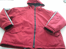 GAP MENS WINTER JACKET w/HOOD-L-Dk RED w/GRAY SLEEVE STRIPE-GENTLY WORN-... - $11.29