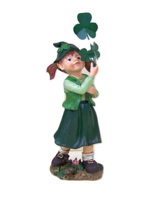 Irish Leprechaun Girl Statue Figurine Green Lucky Lassie Clover