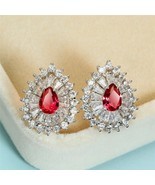 2.50Ct Pear Cut CZ Red Ruby  Women's Stud Earrings 14K White Gold Plated Silver - $133.64