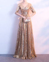 Women Long Sequin Dress Outfit Half Sleeve Wedding Gold Sequin Dress Plus Size image 2