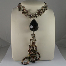 .925 SILVER RHODIUM NECKLACE WITH MULTI-COLOR PEARLS AND DROP OF SMOKY Q... - $105.70