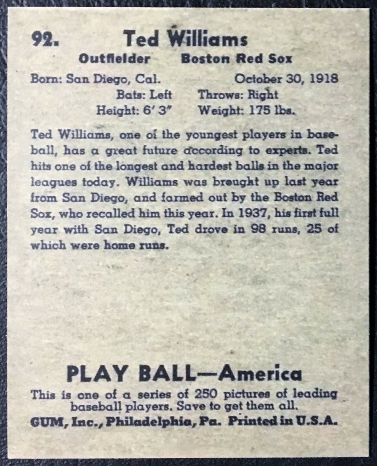 1939 Play Ball #92 Ted Williams Rookie Reprint - MINT - Red Sox ...