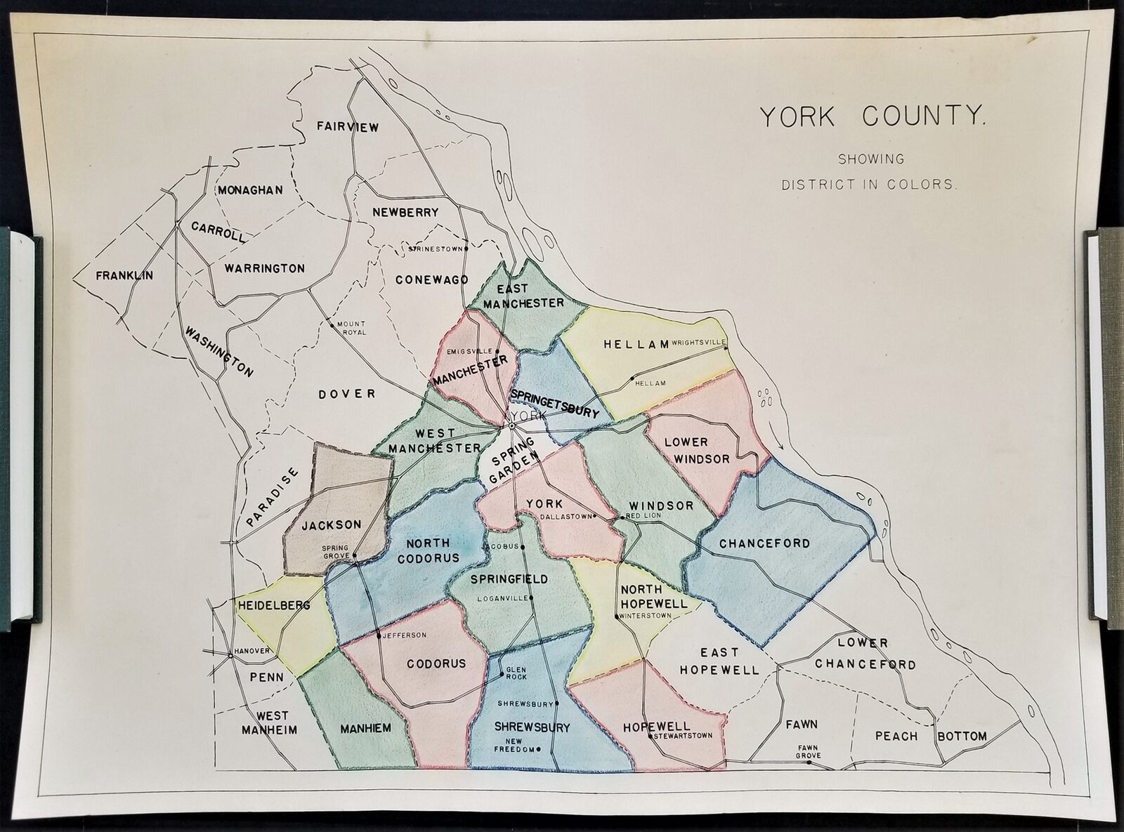 Vintage Hand Colored York County Pa Map 26x19 Wall Rolled Cardstock Districts Cities And Towns 