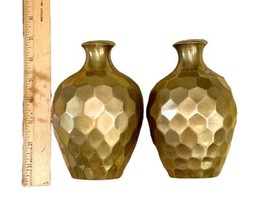 Vintage Pair Solid Brass Geometric Vase 5.75" Tall Made in India MCM Hammered image 2