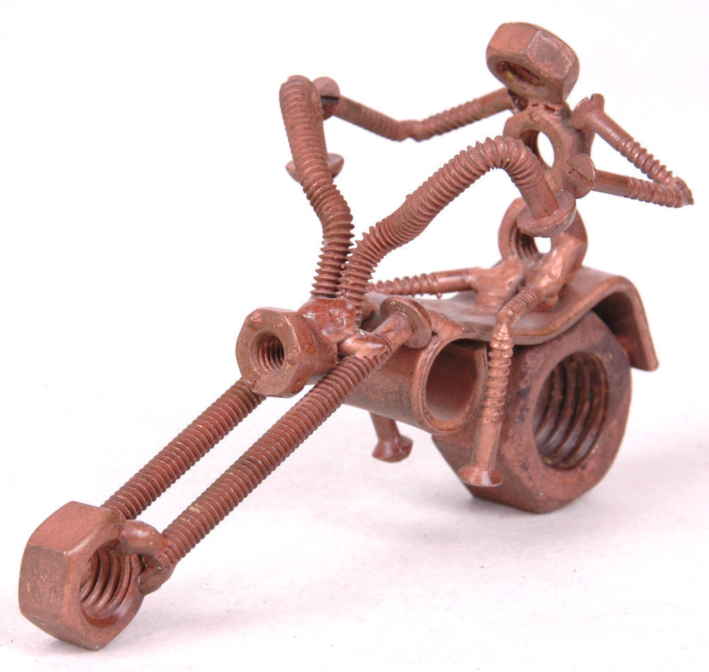 Metal Motorcycle Figurine, Scrap Steel Chopper, Nuts and Bolts