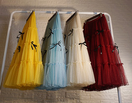 Layered Tulle Skirt Outfit w. Bow Festival Long Tulle Skirt Yellow Blue Wine-red image 3