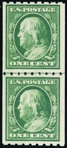 390, Mint 1¢ VF Coil Line Pair Post Office Fresh! Cat $72.50 - Stuart Katz - $59.95