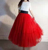 Red Tiered Tulle Skirt Full Long Red Party Skirt High Waisted Holiday Plus Size image 1