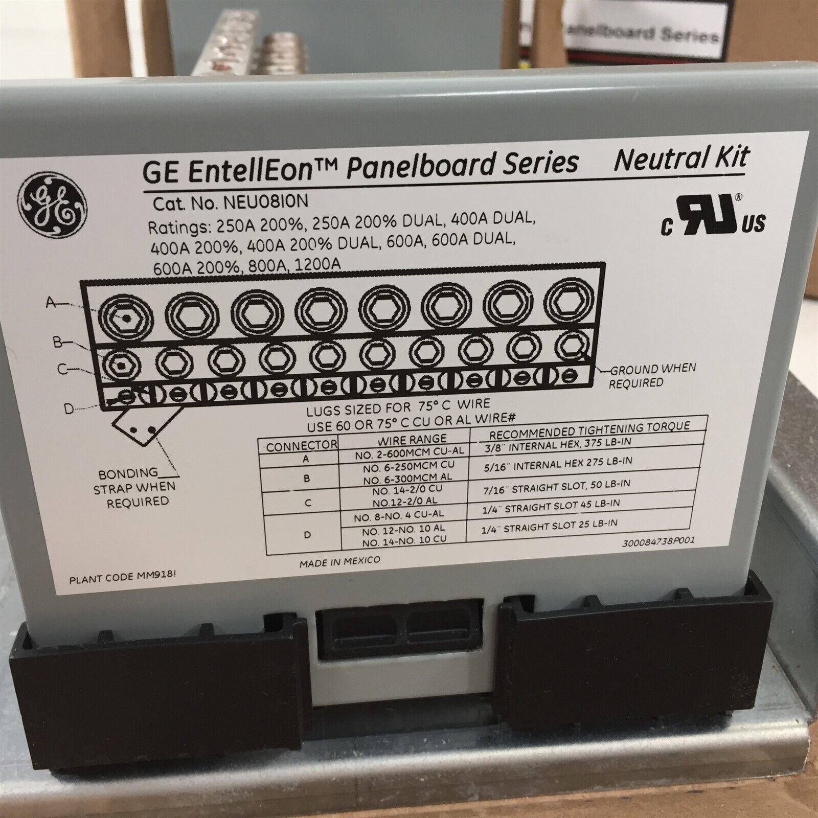 GE EntellEon Panelboard Series Neutral Kit NEU08ION - Electrical Panel ...