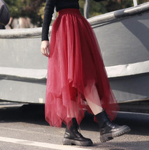 Women Burgundy Long Tulle Skirt A-line Irregular Long Tutu Party Skirt Plus Size