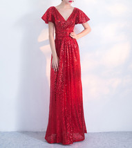 Women Sequin Maxi Dresses Cap Sleeve High Waist Maxi Sequin Dress Gold Red Black