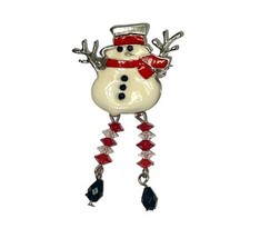 Vintage Silver White Red Crystal Moving Legs Snowman Frosty Pin Brooch Unsigned image 2