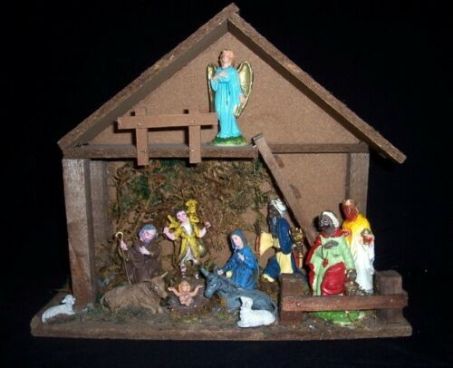 Primary image for 14 Pc Vintage Wood Nativity Creche/Manger Set & 13 Figures Made in Italy