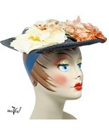 Vintage 40s 50s Navy Blue Flowered Platter Hat - 12" Wide w Wired Brim - Hey Viv - $48.00