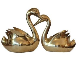 Solid Brass Swan Goose Figurine Planter Pair MCM Sleek Glossy Patina Lot... - $81.32