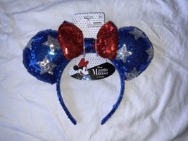 Disney Minnie Mouse Red White Blue Silver Star Sequin Ears 4th Of July Headband - $12.86