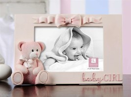 Pink Teddy Bear Photo Frame Baby Girl 9.1" Long Holds 4" x 6" Picture Poly Stone image 2