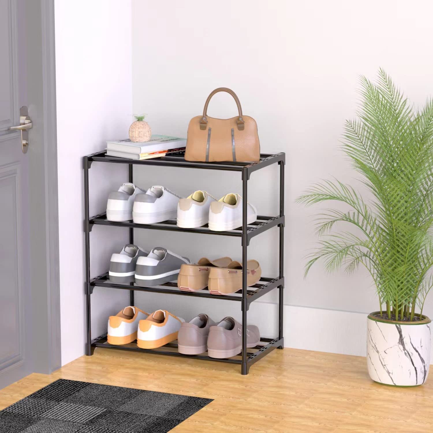 Small Shoe Rack, Narrow Stackable Shoe Shelf Organizer Closet (4-Tier,  Black)