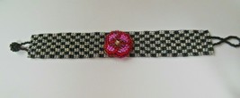 Vintage Woven Seed Bead Bracelet Pink Flower Center 8&quot; - $34.65