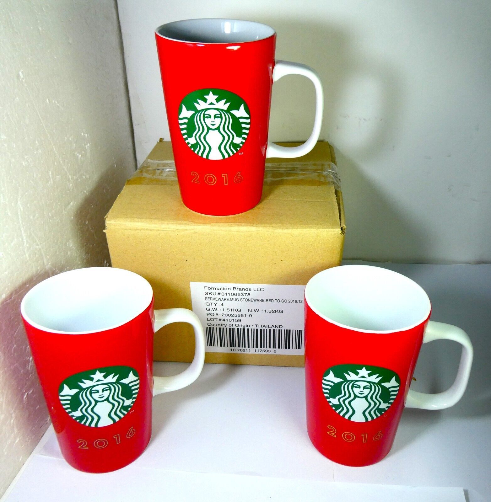 Starbucks 3 Serveware mug 12 oz Stoneware Red to Go 2016 In Brand Box W