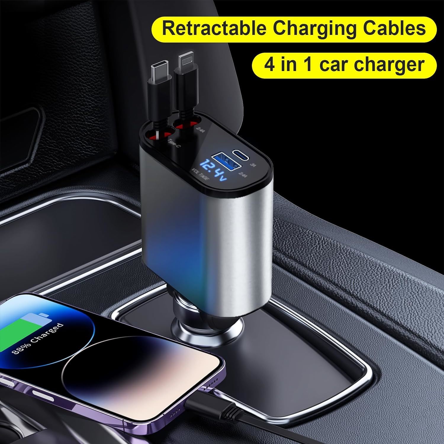 Retractable Car Charger, 4 In 1 Fast Car Phone Charger 60W, Retractable ...