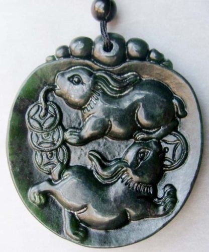 Primary image for Free Shipping -  Amulet Natural dark Green Jade carved  Money Rabbit  charm Pend