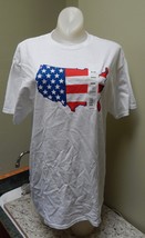 4th Of July T-Shirt Hybrid Medium White USA Map Patriotic 100% Cotton 161M - $7.49