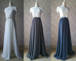 Side Slit Maxi Chiffon Skirt Dusty Blue Wedding Chiffon Bridesmaid Outfit Plus