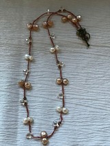 Estate Orange Cord with Faux White Pearl Beads &amp; Small Clear Faceted Bri... - $10.39