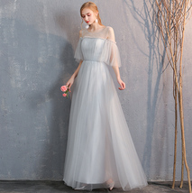Floor Length Maxi Bridesmaid Dresses Tulle Wedding Dress Light Gray Off Shoulder image 6