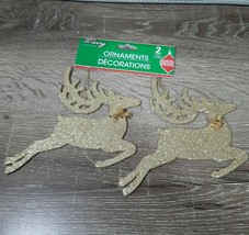 Christmas House Gold Glitter Reindeer Ornaments 2 Ct with jingle bells-NEW - $19.68