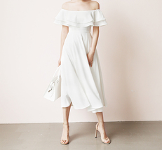 White Midi Chiffon Dress Off Shoulder White Wedding Bridesmaids Midi Dress Plus