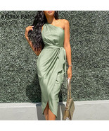 One-Shoulder Knee Length Satin Belt Hip-wrapped Skirt Modern Evening Dress  - $88.00
