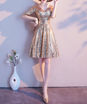 Knee Length Gold Sequin Dress Half Sleeve Sequin Gold Dress Wedding Guest Dress image 2