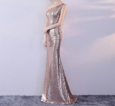 ROSE GOLD One Shoulder Sequin Dress Women Plus Size Mermaid Maxi Sequin Dresses image 2