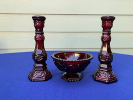 Avon Cape Cod ruby red tall candle holders and pedastal candy dish very ... - $13.99