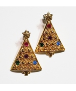 Vintage Gold Tone Avon Christmas Tree Earrings With Rhinestones - $10.00