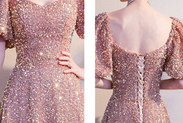 BLUSH PINK Maxi Sequin Dress GOWNS Vintage Sleeved High Waist Sequin Prom Dress image 9