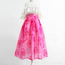 Summer Pink Floral Midi Party Skirt Outfit Organza Plus Size Midi Skirt Pockets