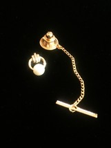 Vintage 60s Gold Hoop and Faux Pearl Tie Tack with Chain image 1