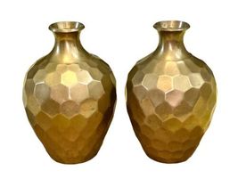 Vintage Pair Solid Brass Geometric Vase 5.75" Tall Made in India MCM Hammered image 7
