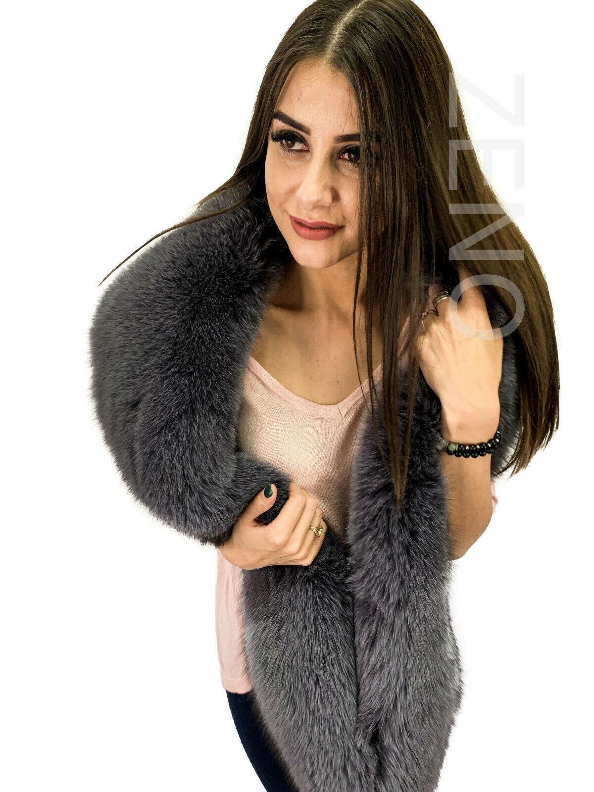 Fox Fur Boa 70' (180cm) Saga Furs Dark Gray Fur Stole Big And Royal